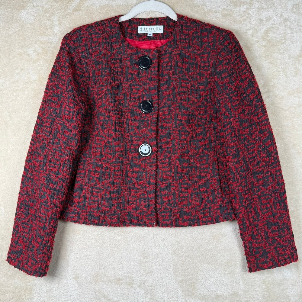 d.terrell Red Black Textured Boucle Wool Blend Cropped Blazer Jacket Size 4